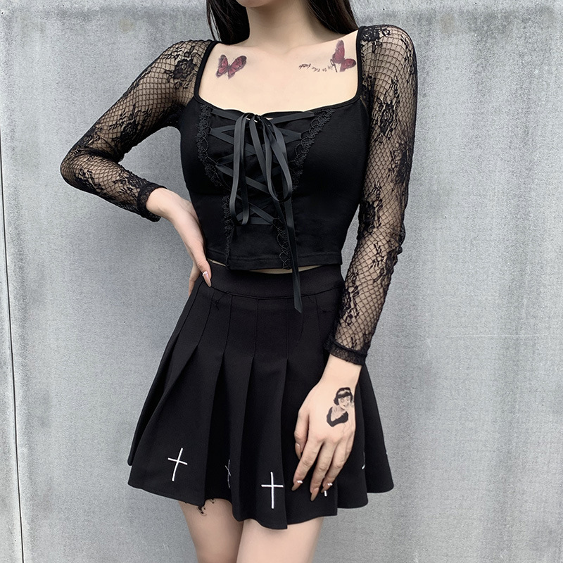 Sexy Lace Stitching Sleeve Square Neck Lace-Up T-Shirt NSGYB97728