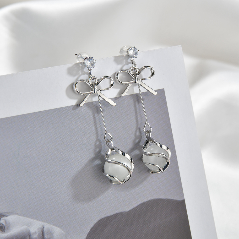 925 Silver Needle Korean Bow Opal Earrings Simple All-match Fashionmonger Eardrops Long Elegant Earrings Female display picture 3