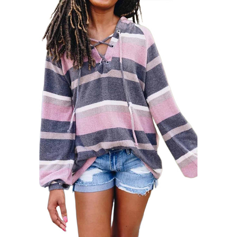 Printed Long-Sleeved V-Neck Casual Loose Top NSKX9675