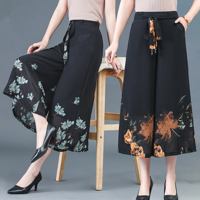 Middle and old age Culotte summer Thin section Ninth pants Easy Western style Woman trousers middle age mom Chiffon Wide leg pants