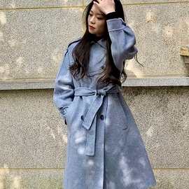 韩版双面呢大衣女2020年冬装新款修身显瘦风衣式长款羊毛呢外套女