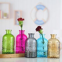 批发透明彩色玻璃插花瓶迷你桌面摆件新古典小浮雕玻璃瓶花瓶跨境