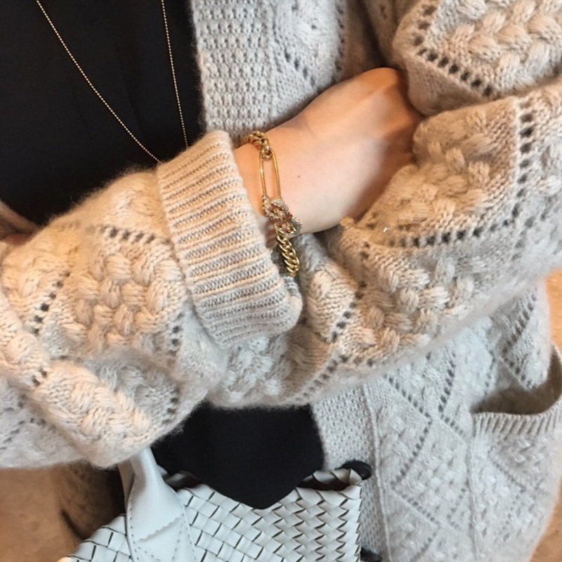 2024 새로운 가을, 겨울 다이아몬드 모양의 중공 긴팔 니트 가디건 V 넥 느슨한 외부 중간 길이 코트 스웨터 여성용