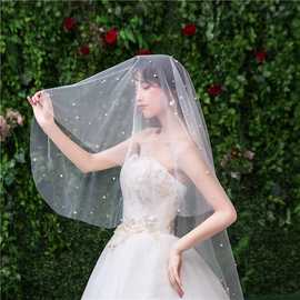遮面纱网红新娘古风头饰森系道具单层简约旅拍婚纱珍珠头纱