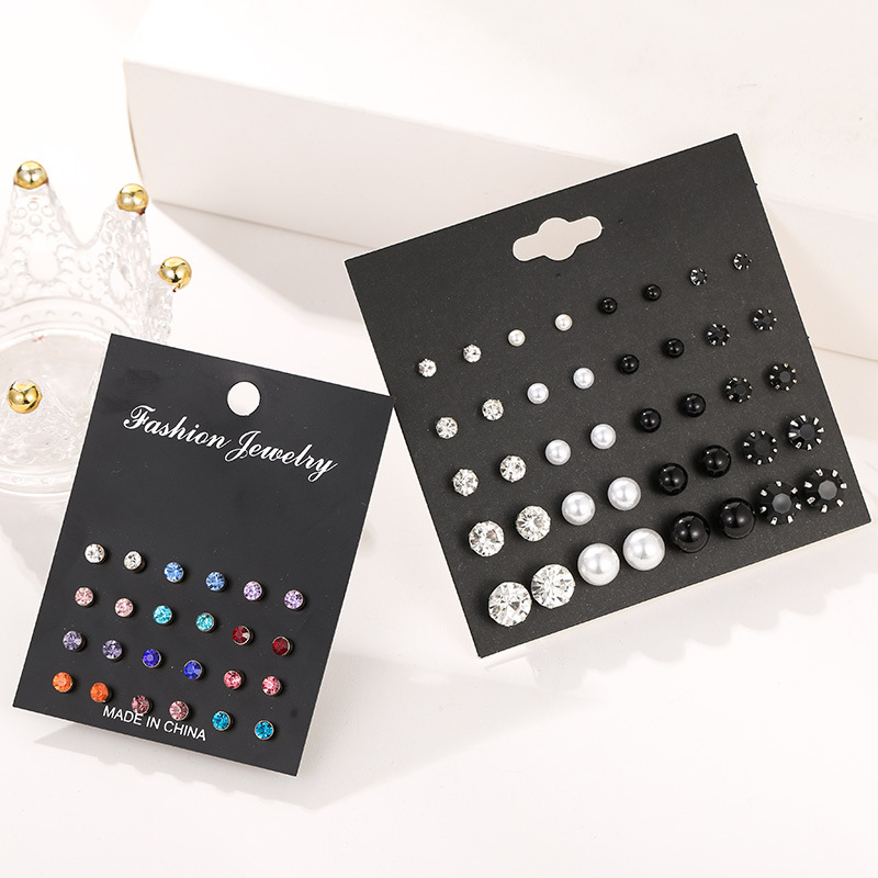 Fashion Stud Earrings Fashion Size Pearl Inlay 12 Pairs Color Diamond Set Earrings Popular Wholesale Nihaojewelry display picture 1