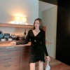 V-neck low chest pleated drawstring open tummy wrap hip skirt short skirt long sleeve dress