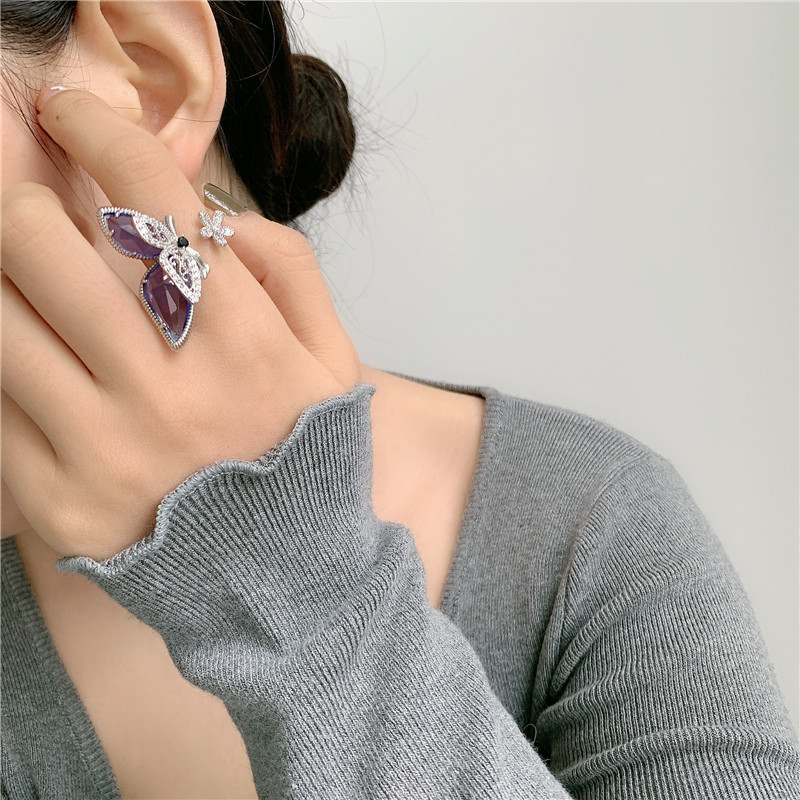 flash diamond rhinestone butterfly zircon open ring
