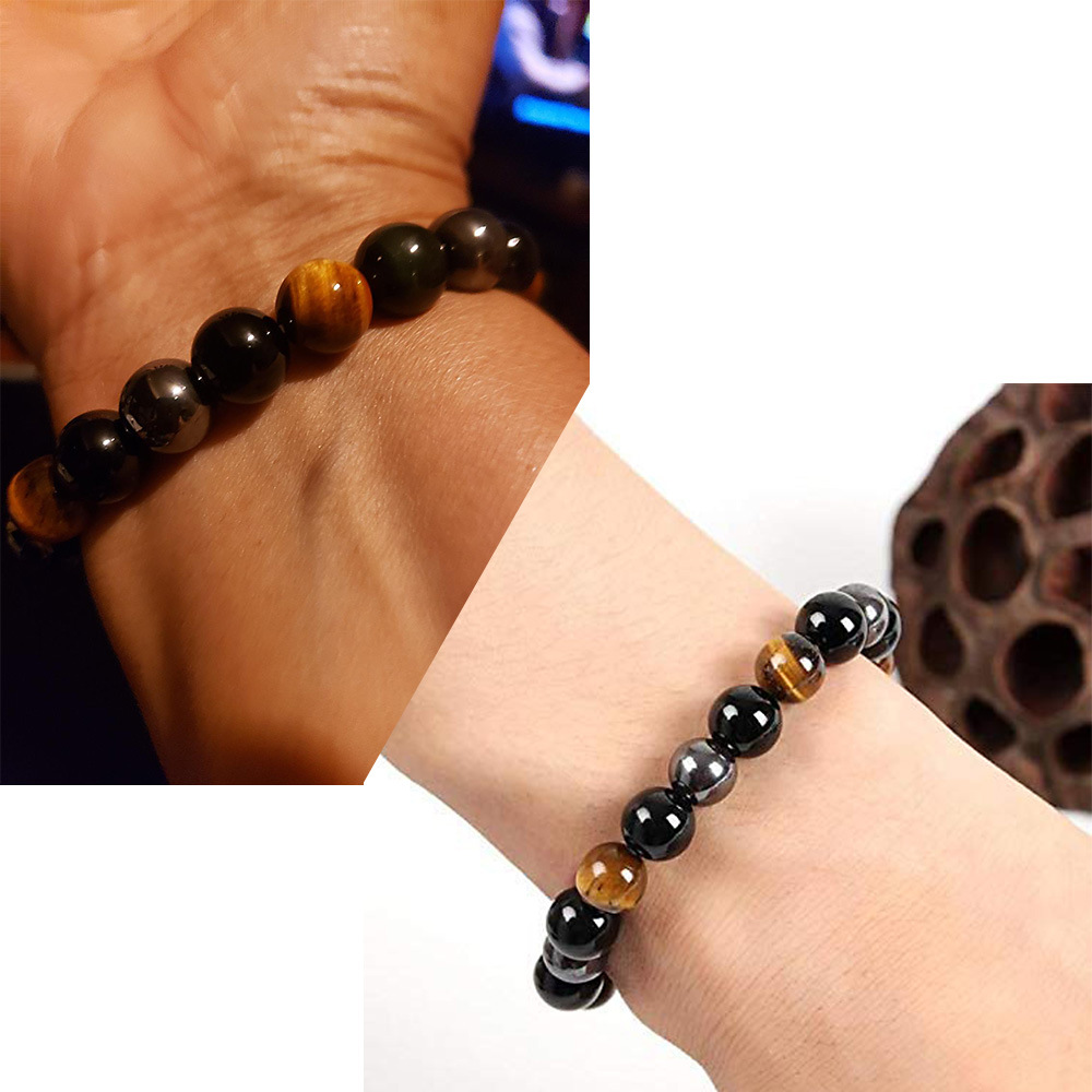 Streetwear Round Natural Stone/Tigereye/Haematite/Iron Ore/Black Glass/Ebony Beaded Men's Bracelets Surgical Gold Plated Jewelry Sets display picture 5