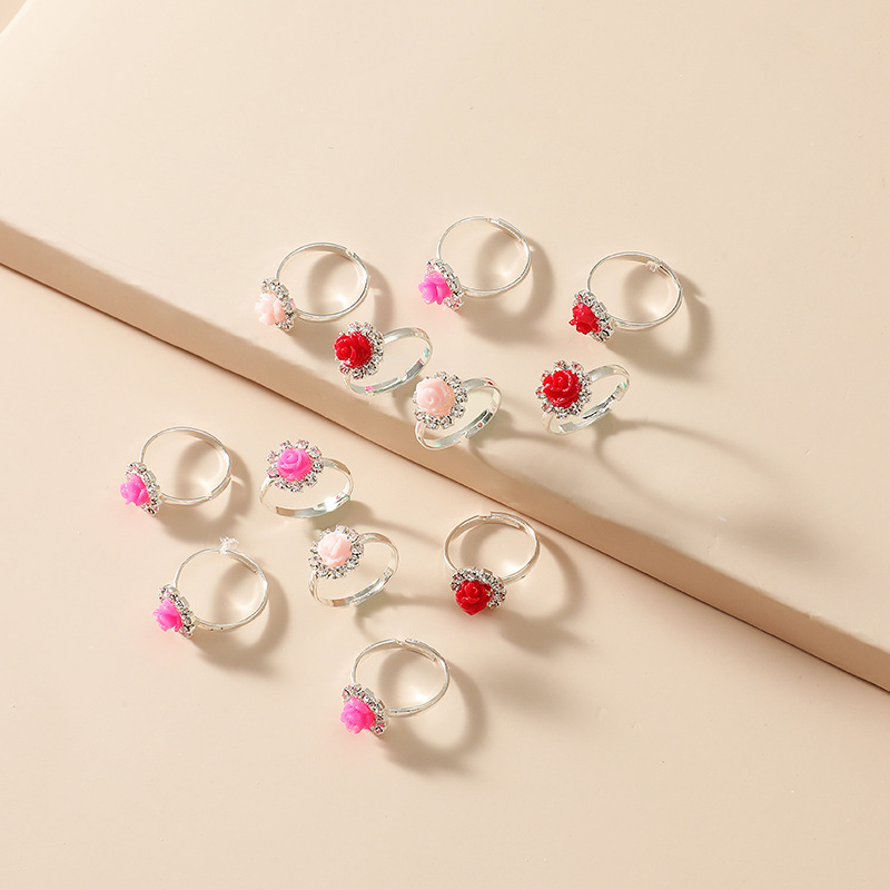 Fashion Cartoon Children's Adjustable Simple New 12-piece Set Rose Diamond Ring Wholesale display picture 2