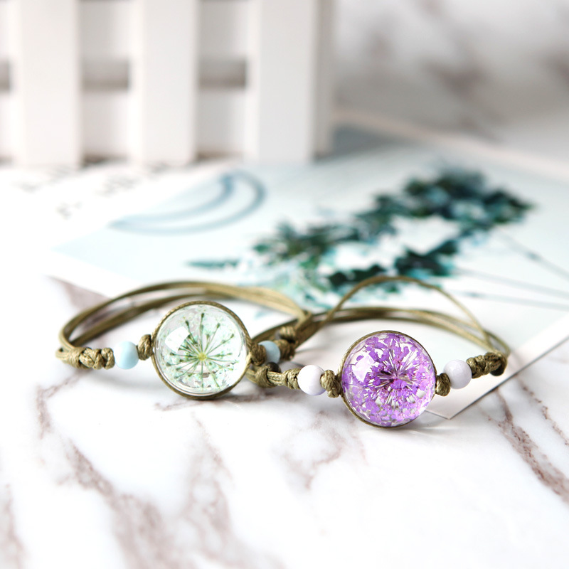Green song fresh Dried flowers Botany specimen Bracelet Gypsophila Glass ball Bracelet student Jewelry ceramics gift