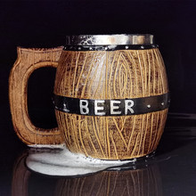 仿真木桶德國啤酒杯復古創意大酒杯扎啤杯雙層浮雕酒杯金屬酒吧杯