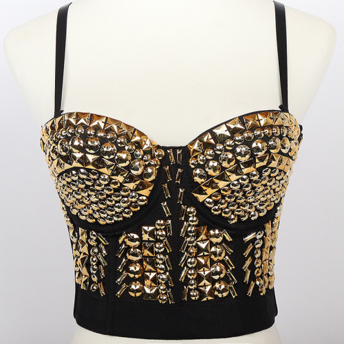 Women's Diamond bling jazz dance bra tops Versatile Strapless sexy short nail bead navel top stage performance suspender vest