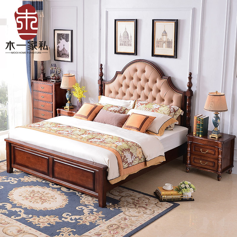 美式实木床现代简约罗马柱床头软靠主卧双人床气压高箱抽屉储物床