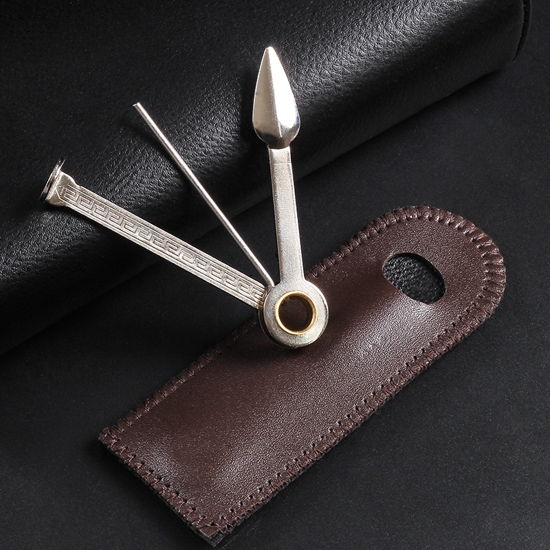Three-in-one Pipe Tobacco Knife With Leather Case Needle Pressure Rod Scraper Multifunctional Metal Pipe Cleaning Accessories