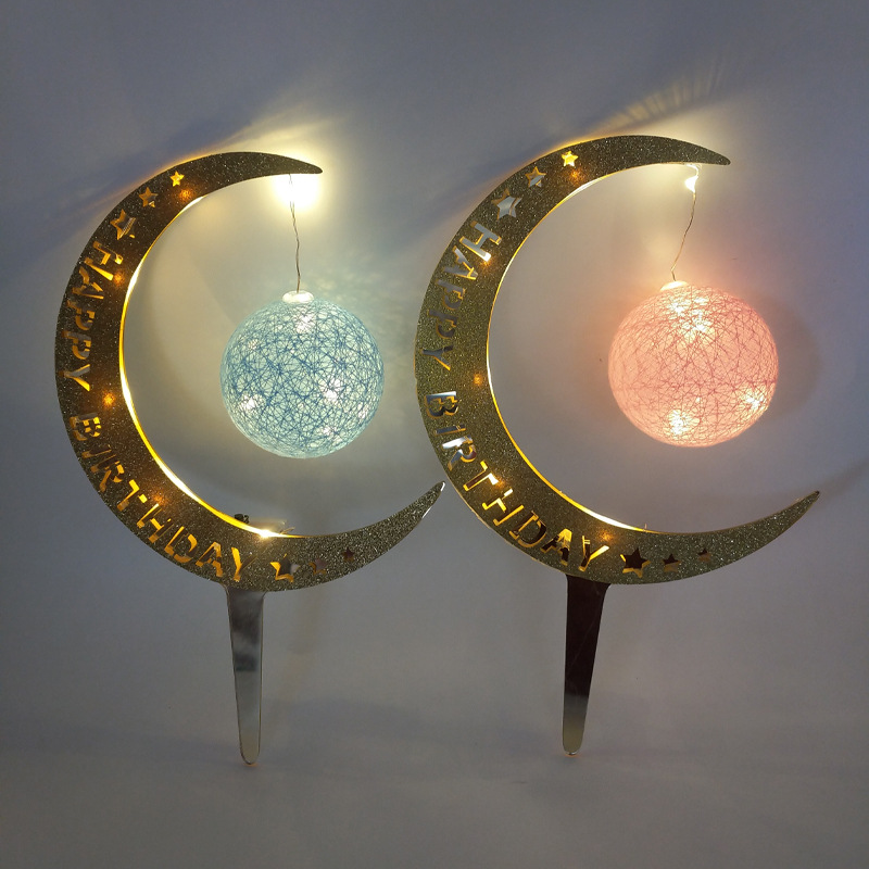 Acrylic Moon Luminous balls Cake decorate plug-in unit english Happy Birthday Flags happybirthda Inserted card