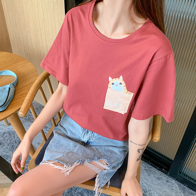 實拍短袖T恤女2020夏季新款大碼女裝純棉親膚上衣貓咪印花體恤女