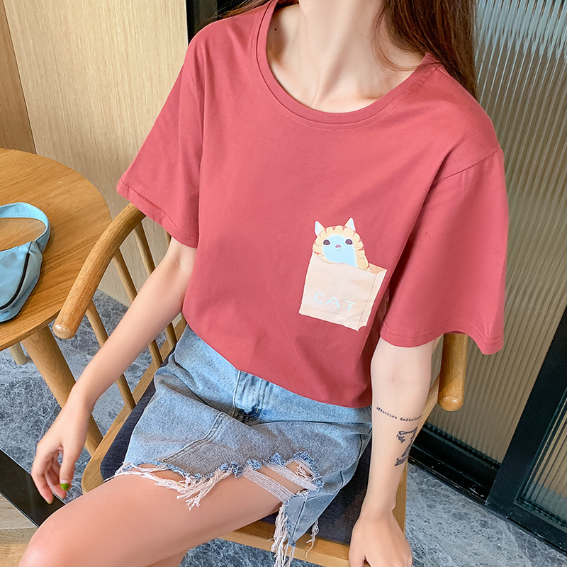 實拍短袖T恤女2020夏季新款大碼女裝純棉親膚上衣貓咪印花體恤女