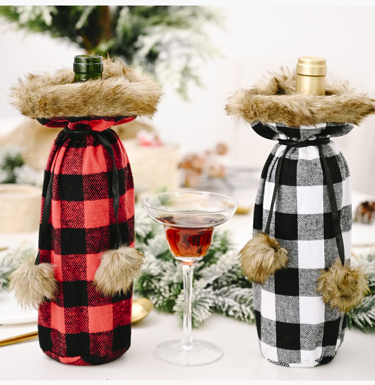 60g Weight Christmas Festival Haobei Christmas Festive Supplies Pompon Plaid Bottle Cover Creative New Red And Black Wine Bottle Bag Wine Gift Box Wine Cover 7