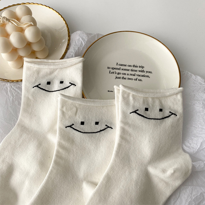 Smiling Face Curl Socks Women's Mid-Length Socks Korean White All-Match Japanese Style Cute Cartoon Smiling Loose Summer Socks