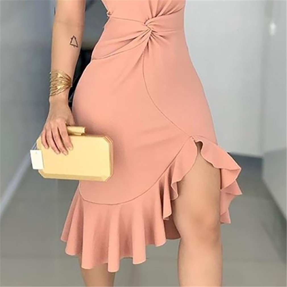 solid color single-shoulder strap waist kink dress NSZXS125757