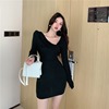 Sexy one line collar low chest off shoulder slim wrap hip skirt bottomed skirt long sleeve dress