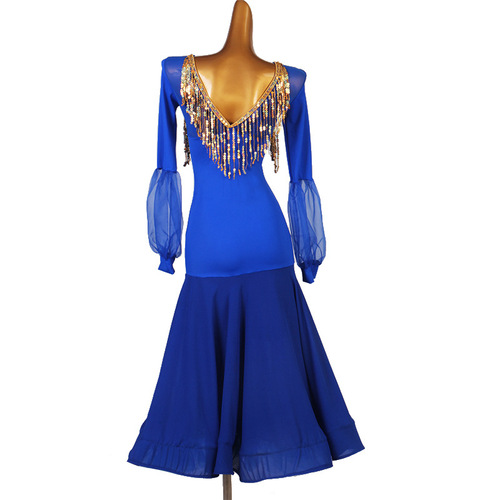 Royal blue with gold sequins Ballroom Latin Dance Dresses for Women Girls dancing dress skirt ballroom dancing a waltz lantern sleeve skirt