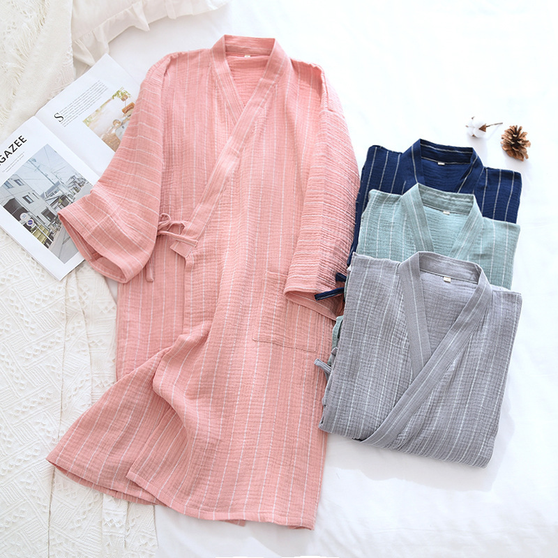 Four Seasons Men's and Women's Nightgown Cotton Double Gauze Home Coat Crepe Long Sleeve Bathrobe Sweat Steamed Pajamas Couple's New Style Four Seasons Men's and Women's Nightgown Cotton Double Gauze Home Coat Crepe Long Sleeve Bathrobe Sweat Steamed Pajamas Couple's New Style