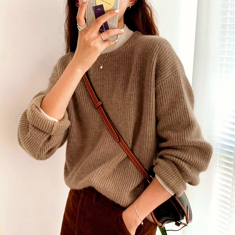20秋冬新款羊毛衫女圆领加厚元宝针宽松慵懒羊绒毛衣学院风打底衫|ru