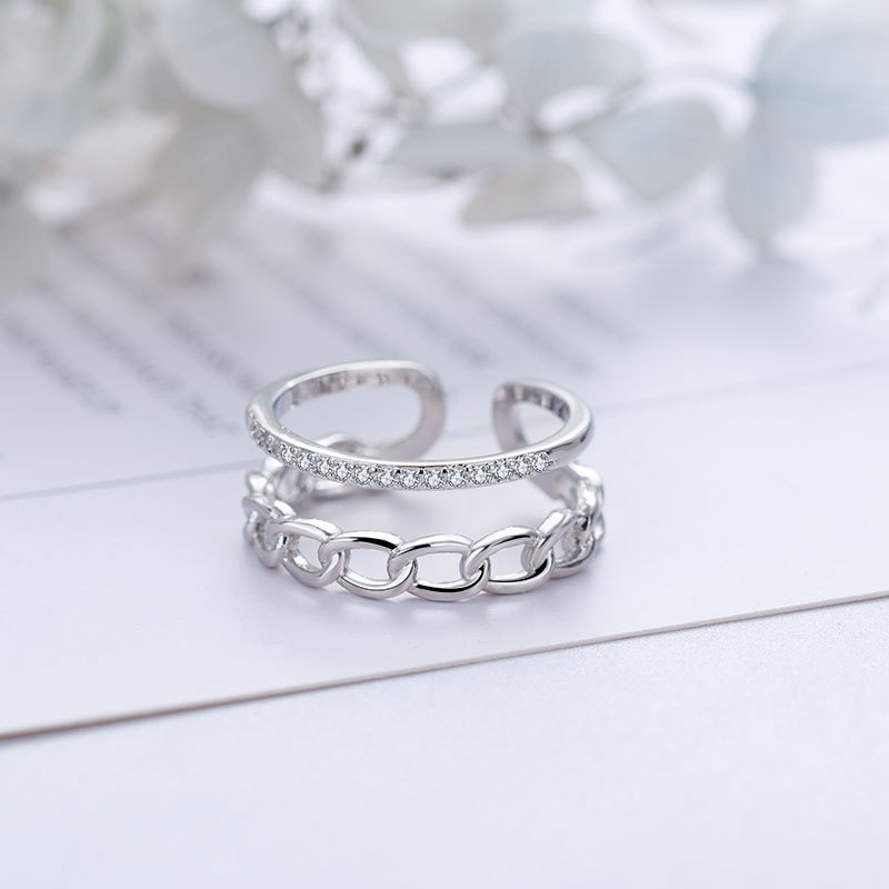 Stall supply jewelry wholesale chain zircon ring female personality Net red double-layer open ring small fresh jewelry