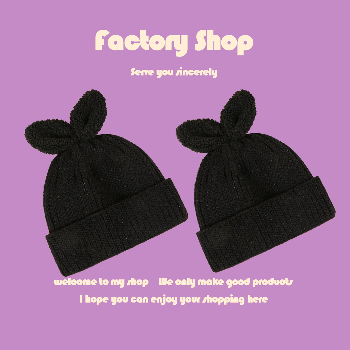 Black Cute Two Ears Knitted Hat display picture 2