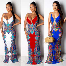 2024跨境 欧美爆款亚马逊爆款民族特色印花修身吊带拖地款连衣裙