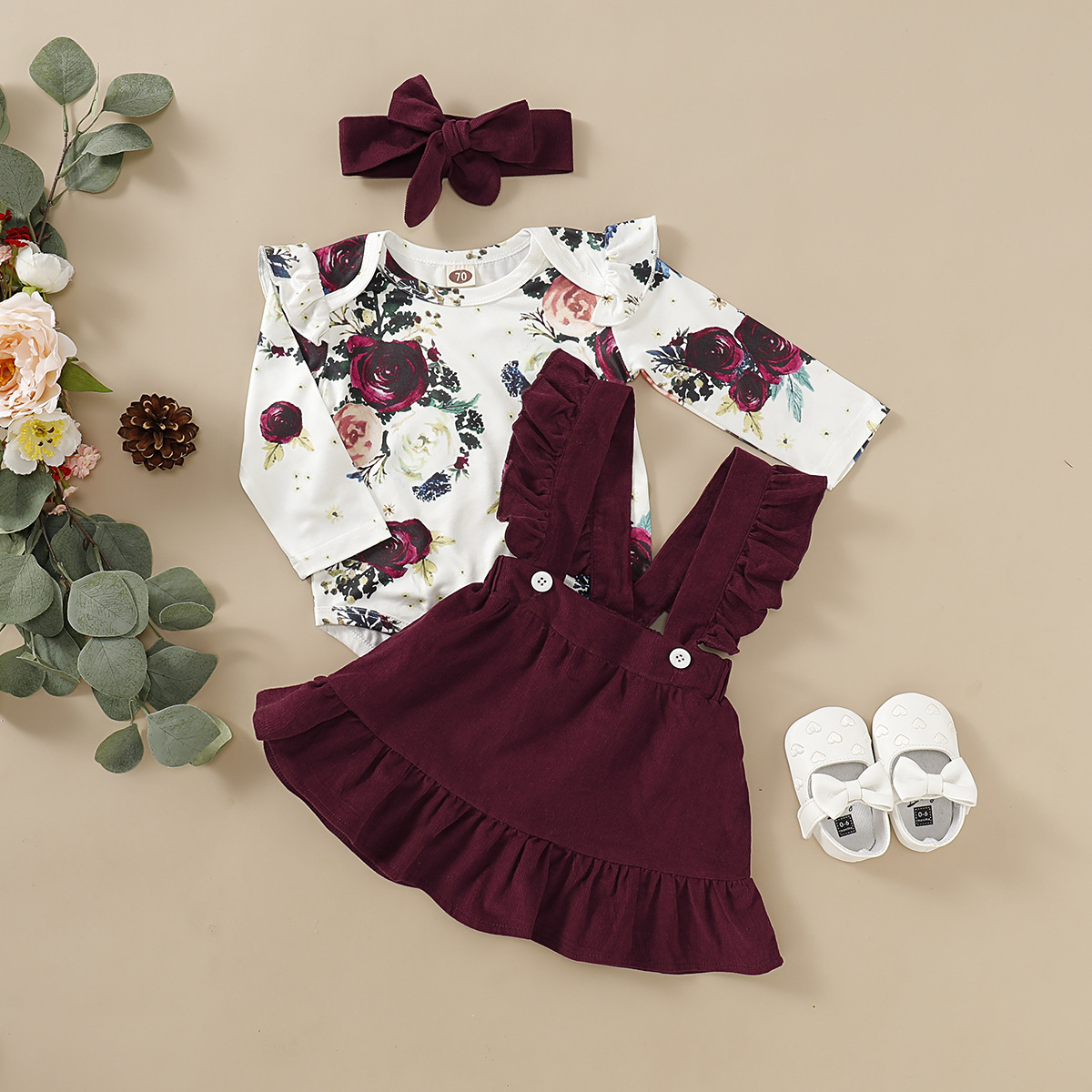 200g Weight Long Sleeve Sleeve Length Cotton Fabric Type Skirt Sets Sets Type 3 Piece Set Quantity Daily Occasion Round Neck Neckline Fashion Flower Bow Knot Button Girls Clothing Sets