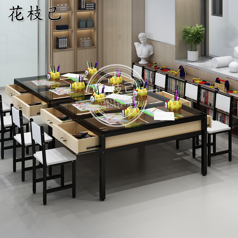 服装设计桌子绘画桌饰品展示桌手工桌画室钢化玻璃桌实木抽屉收纳|ms