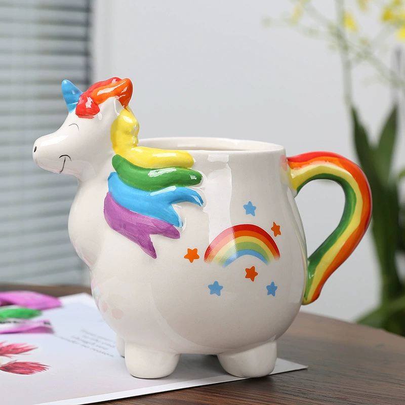 Unicorn Ceramic Mug, 450 ml, Creative Home Breakfast Cup, Rainbow Handle Designs