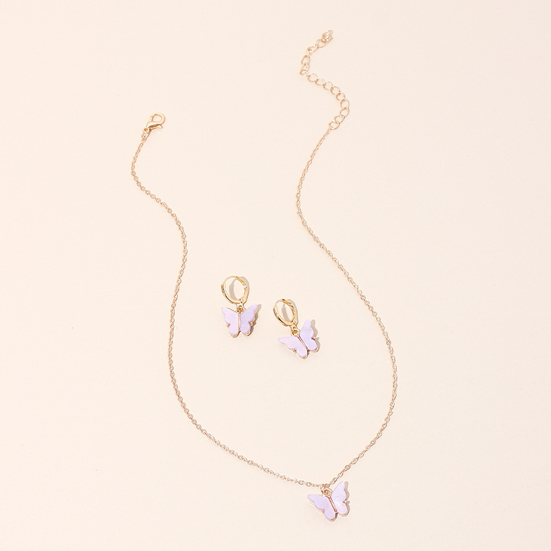 10g Weight Necklace Classification Wedding, Travel Occasion Alloy Material Circle Pattern Women'S Gender Pink, Purple, Green, Yellow Color Girls Fashion Butterfly Pendant Sen Earrings Clavicle Chain Super Fairy Earring Necklace 5