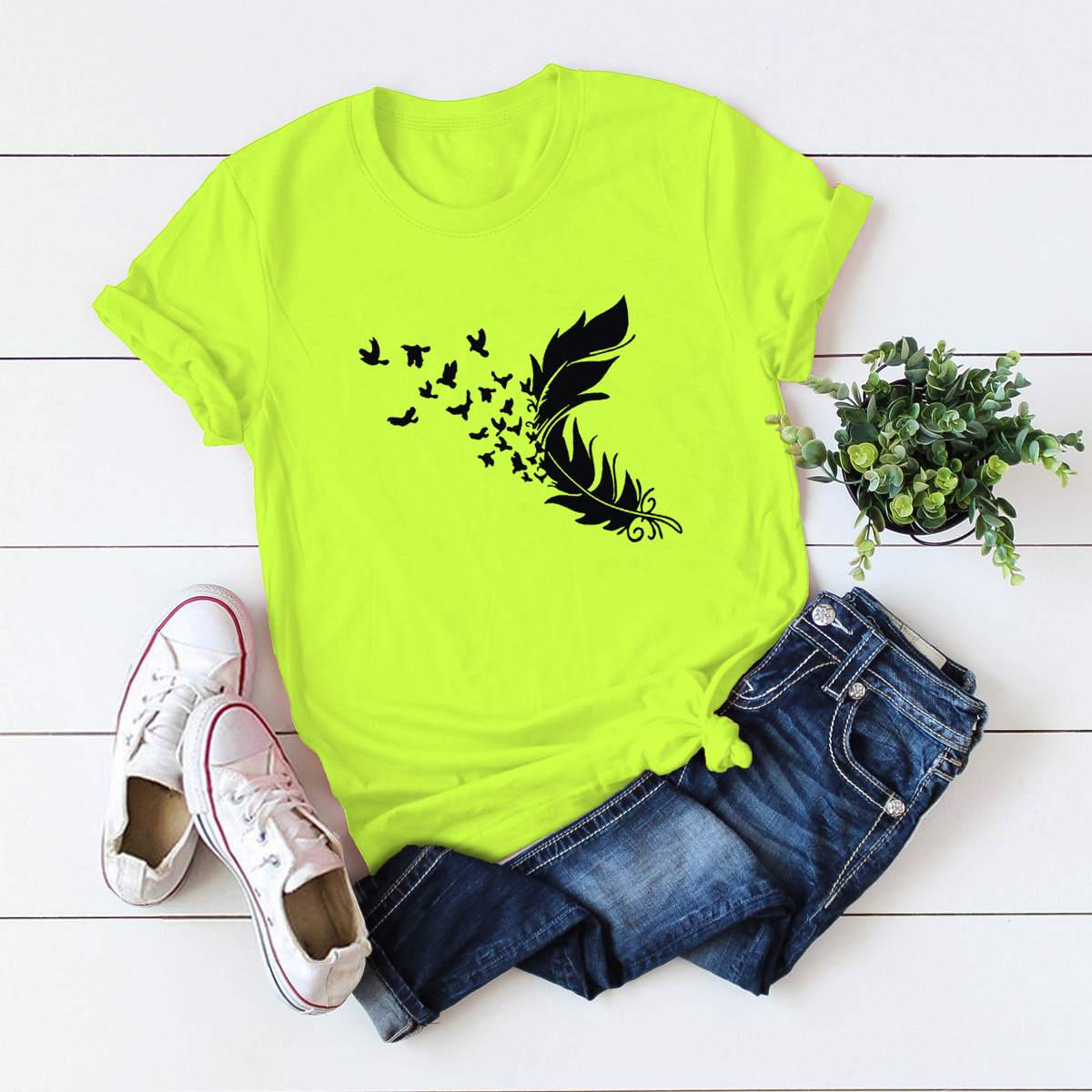   feather bird printed cotton short-sleeved t-shirt women NSSN2680