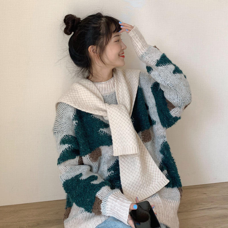 Diamond Small Plaid Solid Color Knitted Wool Autumn and Winter BV Shawl Scarf Women's Korean Style Split Coat Thick Warm Cloak