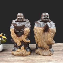 Black Sandalwood Fortune Bearer with Natural Skin, Maitreya Buddha Wood Carving Ornament, Handicraft Gift