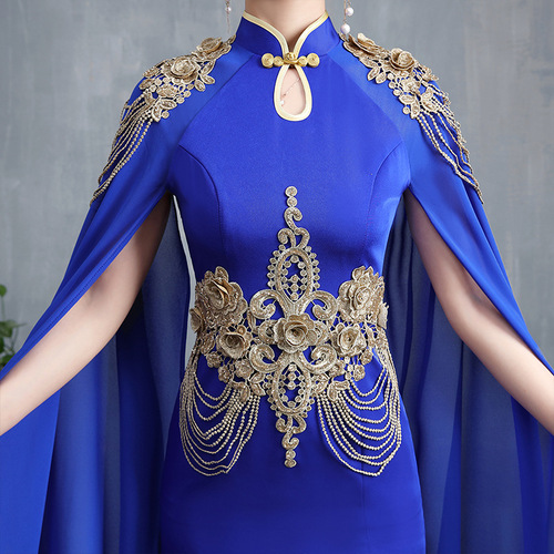 Women Royal blue Chinese dresses singers host performance cheongsam dress long chorus guzheng performance dress