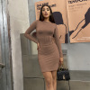 Autumn and winter long sleeve dress European and American sexy slim round neck pleated buttock skirt