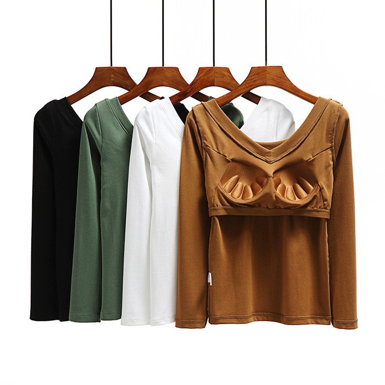 Cotton V-Neck Long-Sleeved T-Shirt with Chest Pad U-Shaped Back Base Shirt Cotton Bra Cup All-in-One Outer-Wearing Yoga Top Cotton V-Neck Long-Sleeved T-Shirt with Chest Pad U-Shaped Back Base Shirt Cotton Bra Cup All-in-One Outer-Wearing Yoga Top