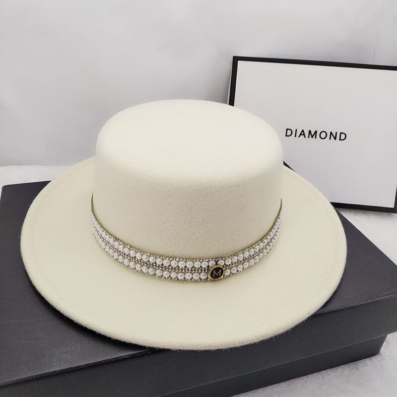 Autumn and Winter Fashion Wool Top Hat Women's Pearl Rhinestone Elegant Retro British Flat Hat Ladies Jazz Hat Autumn and Winter Fashion Wool Top Hat Women's Pearl Rhinestone Elegant Retro British Flat Hat Ladies Jazz Hat