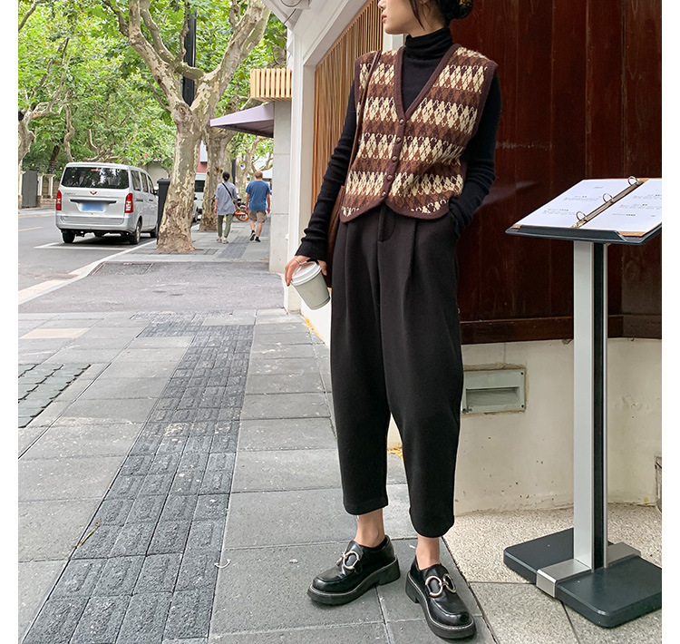 复古菱格针织背心女 新款提花休闲外搭小坎肩跨境修身v领毛衣马甲