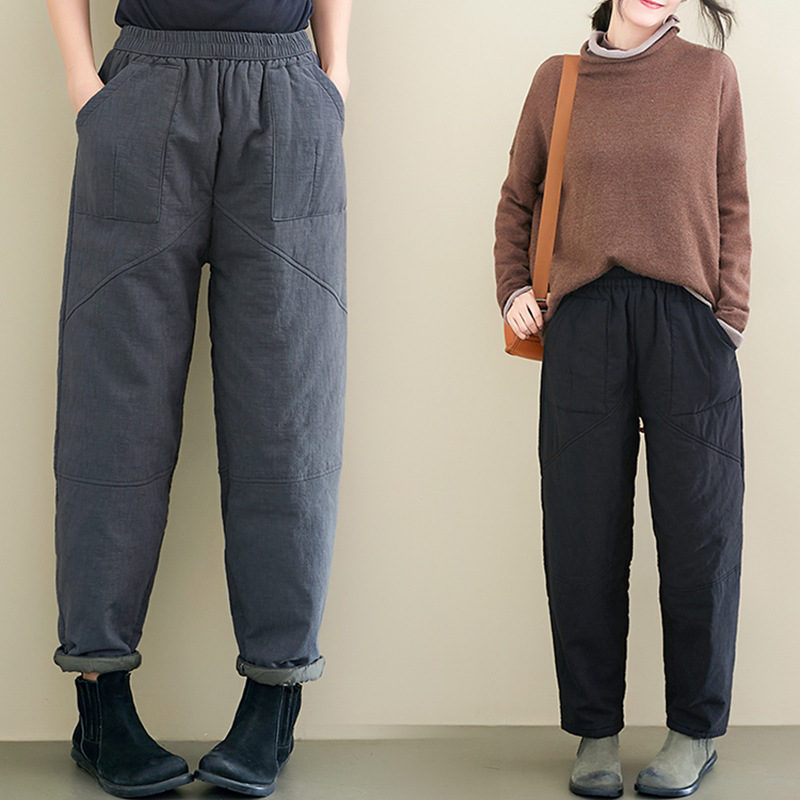 秋冬新款文艺宽松休闲夹棉拼接加厚棉裤时尚松紧腰百搭保暖长裤子|ms