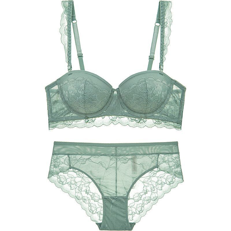 New Sexy Lace Overlay Half Cup Gathering Women's Bra Set Wedding Off the Shoulder Underwear_voghion.com