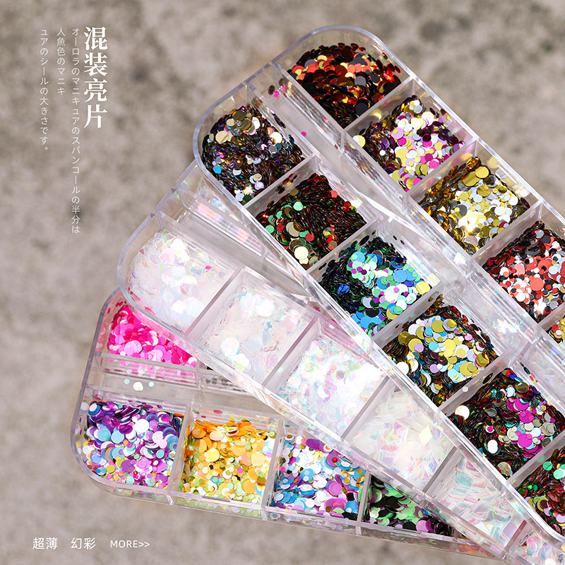 Popular de color de uñas lunares lentejuelas Super brillante blanco suave esmerilado color mágico sirena láser amor tamaño mezclado