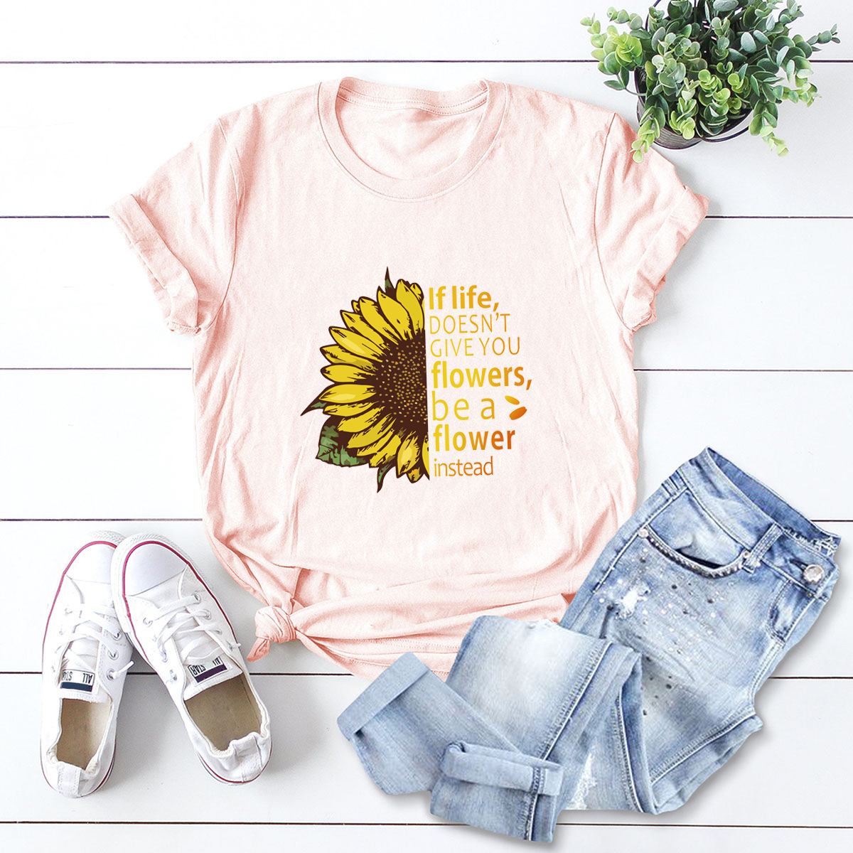 camiseta casual de mujer de manga corta con girasol NSSN1788