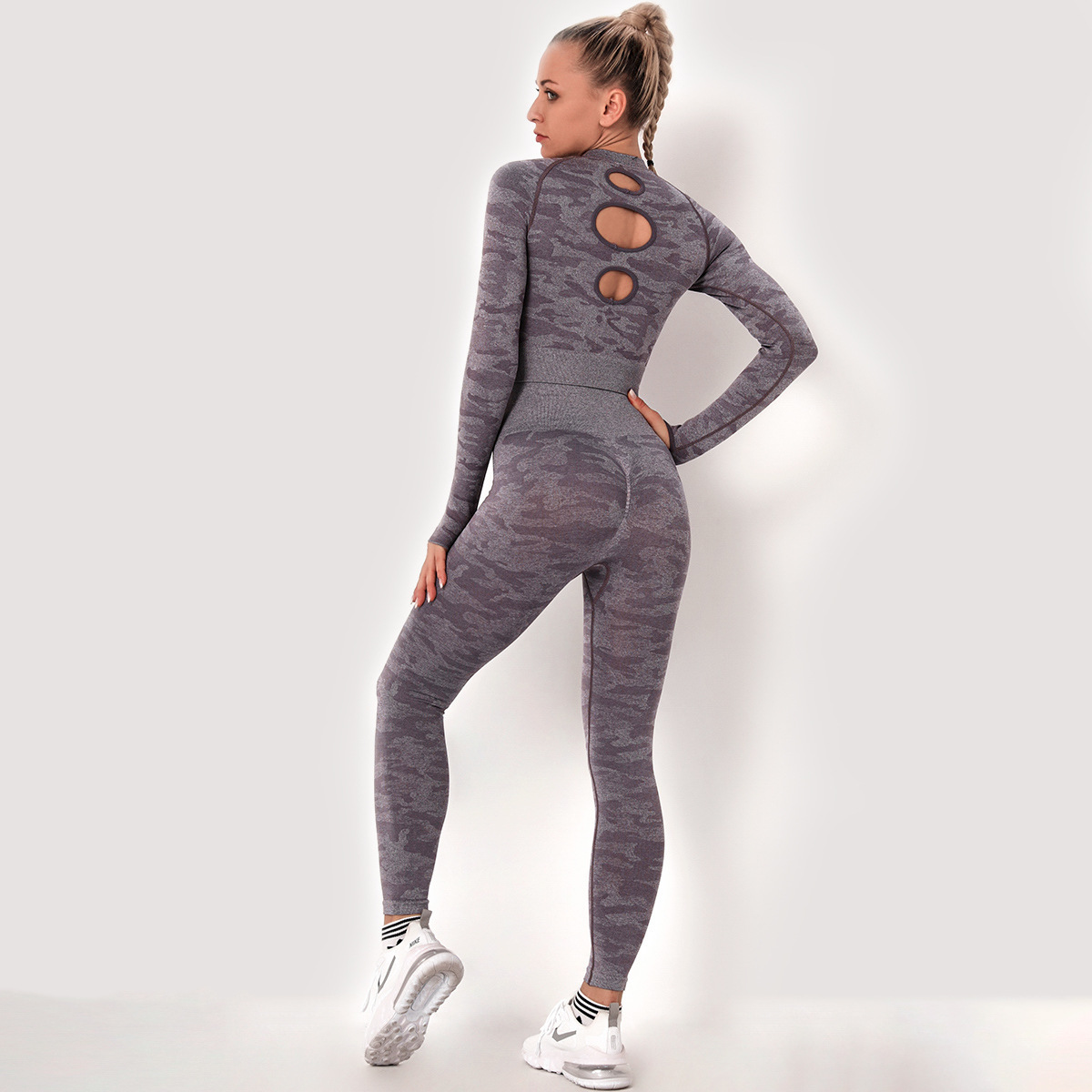 Traje de 2 piezas de camuflaje sin costuras de alta elasticidad para yoga y fitness NSNS14718