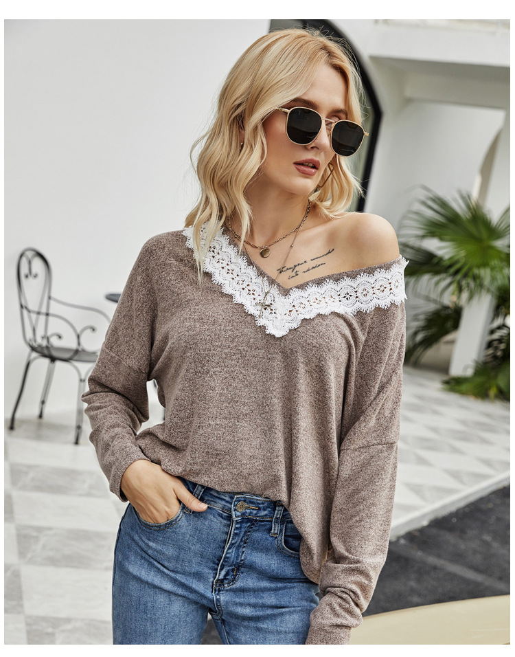 hot women s lace long-sleeved loose T-shirt V-neck pullover sweater NSYH7109