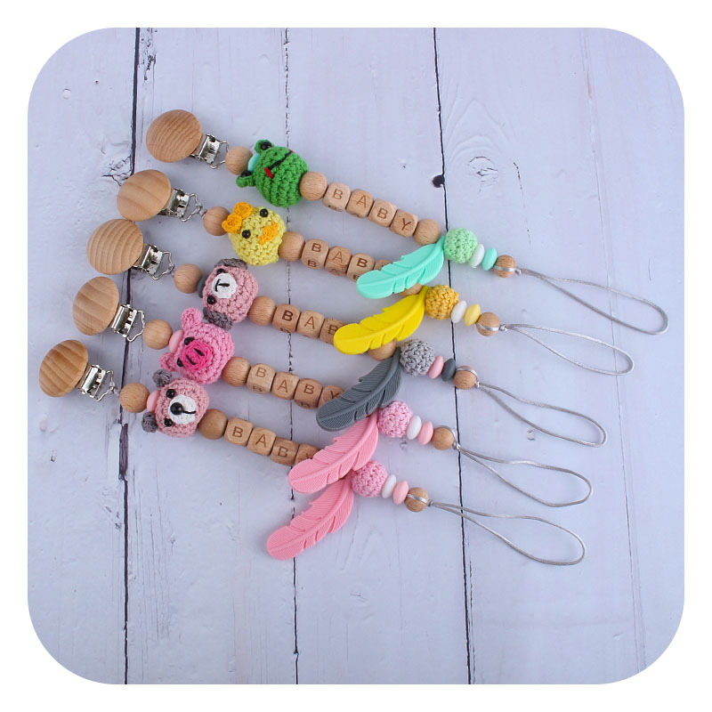 Nueva haya chupete clip bola de lana animal dibujos animados bebé nombre personalizado pluma silicona teether juguete molar